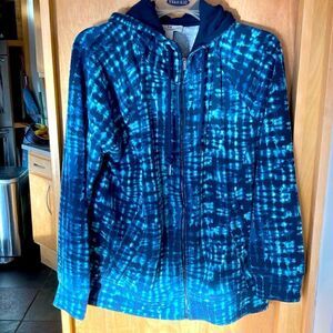 H By Halston full zip hoodie purple black aqua print, kangaroo pockets medium